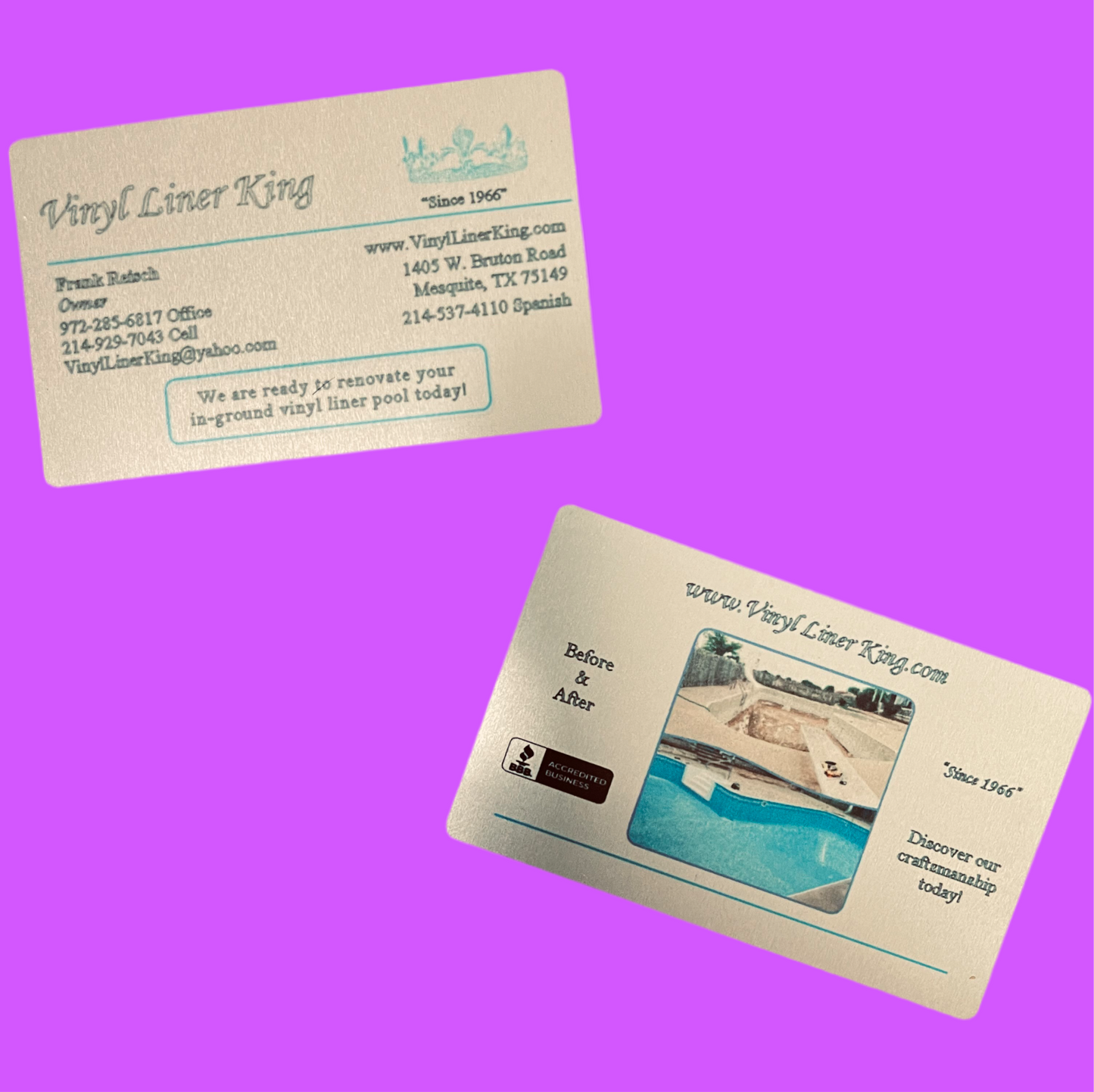 Sublimated business cards, metal business cards, available in Blue, Green, Gold, Red, White, or Pink, quantity of 50 for $50