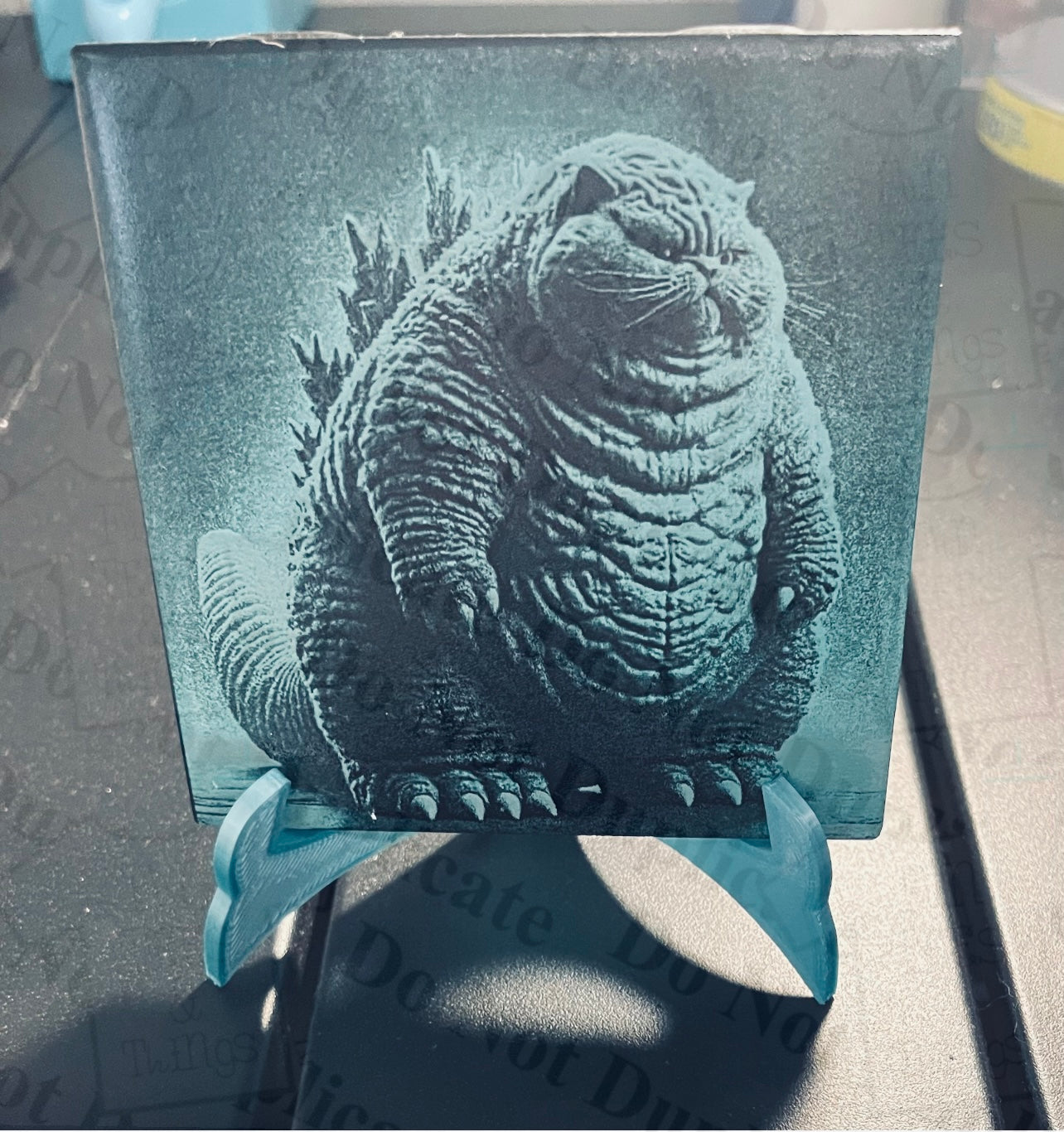 Laser engraved tile Dino cat
