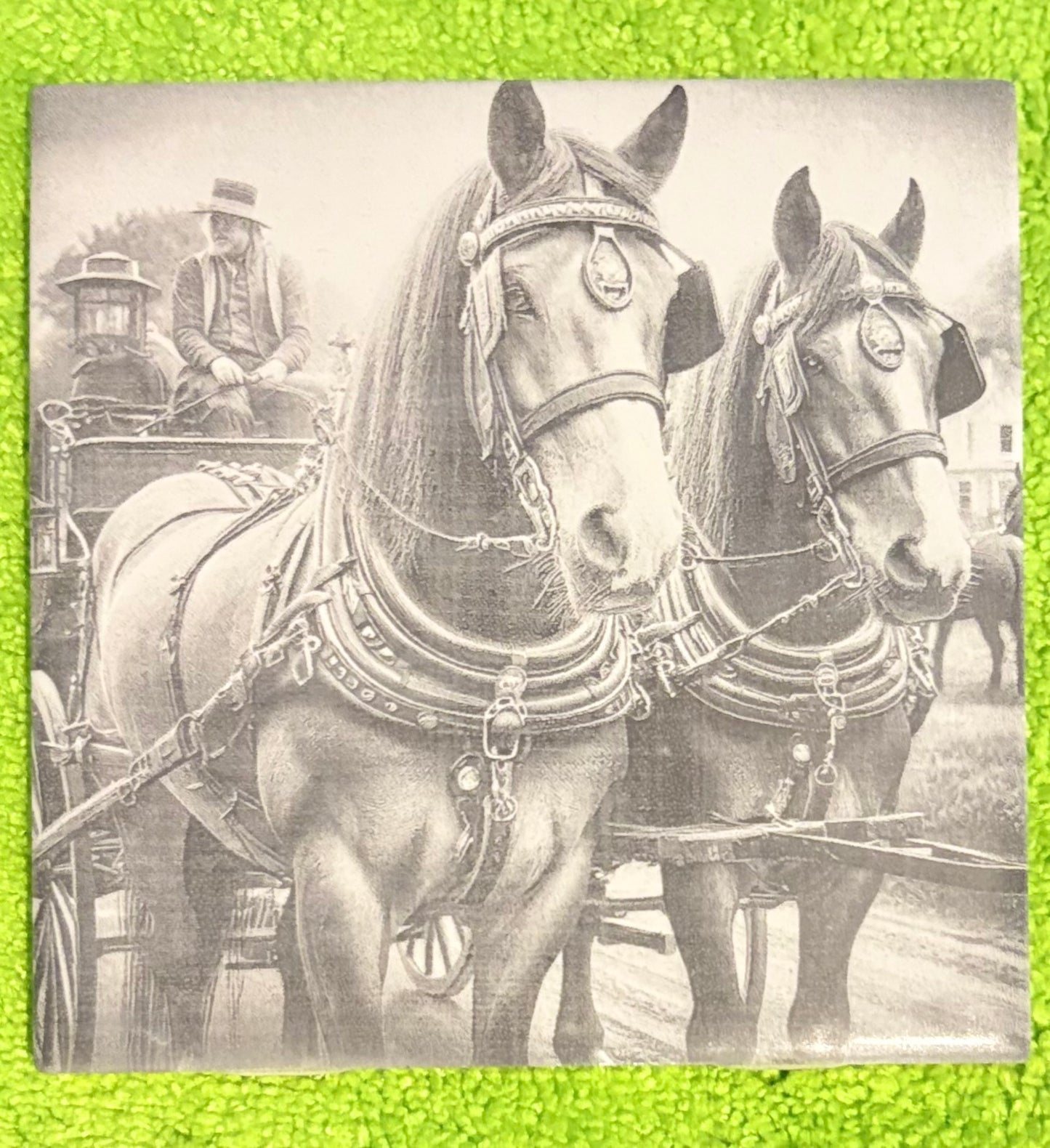 Laser engraved tile horses