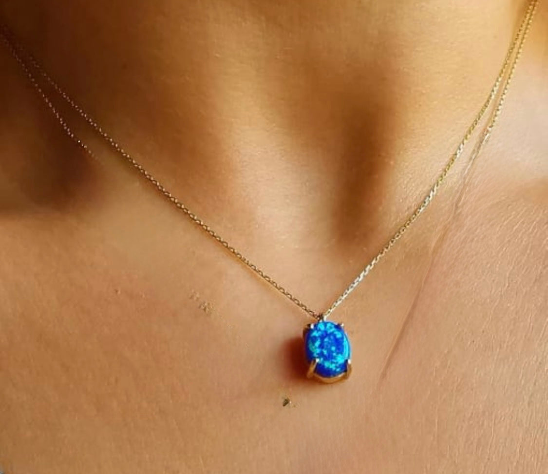 316L 18k gold filled blue opal necklace 17.5”