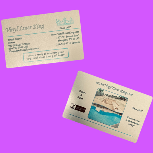 Sublimated business cards, metal business cards, available in Blue, Green, Gold, Red, White, or Pink, quantity of 50 for $50