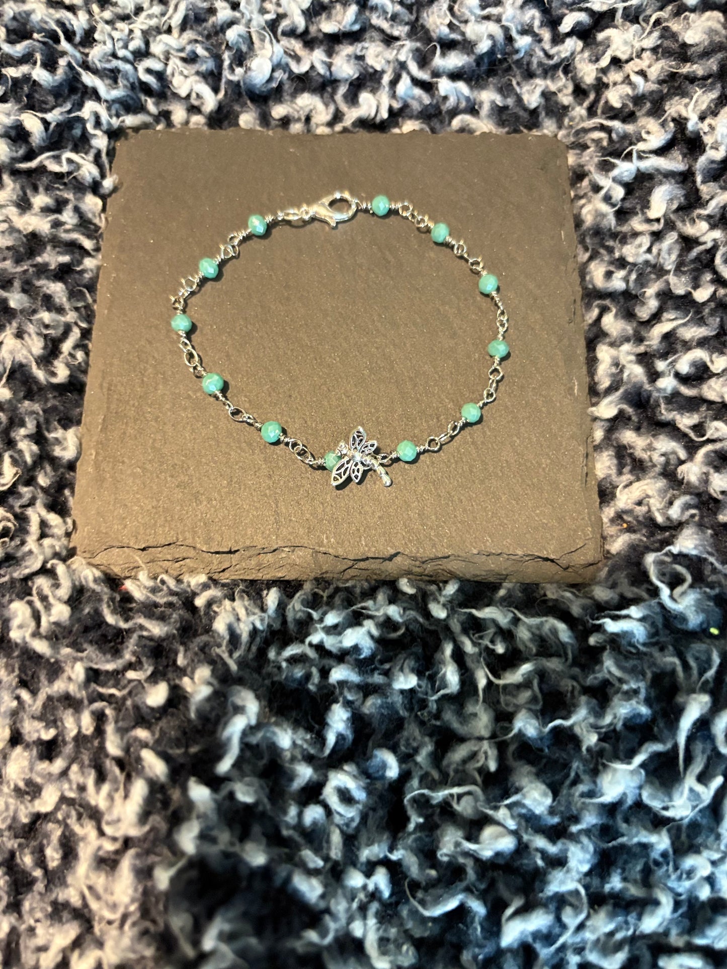 Silver bracelet with amozonite gems and dragonfly