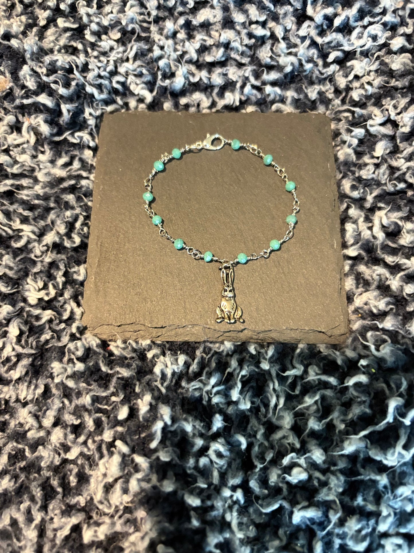 Silver bracelet with amazonite gems and Silver Alice Bunny