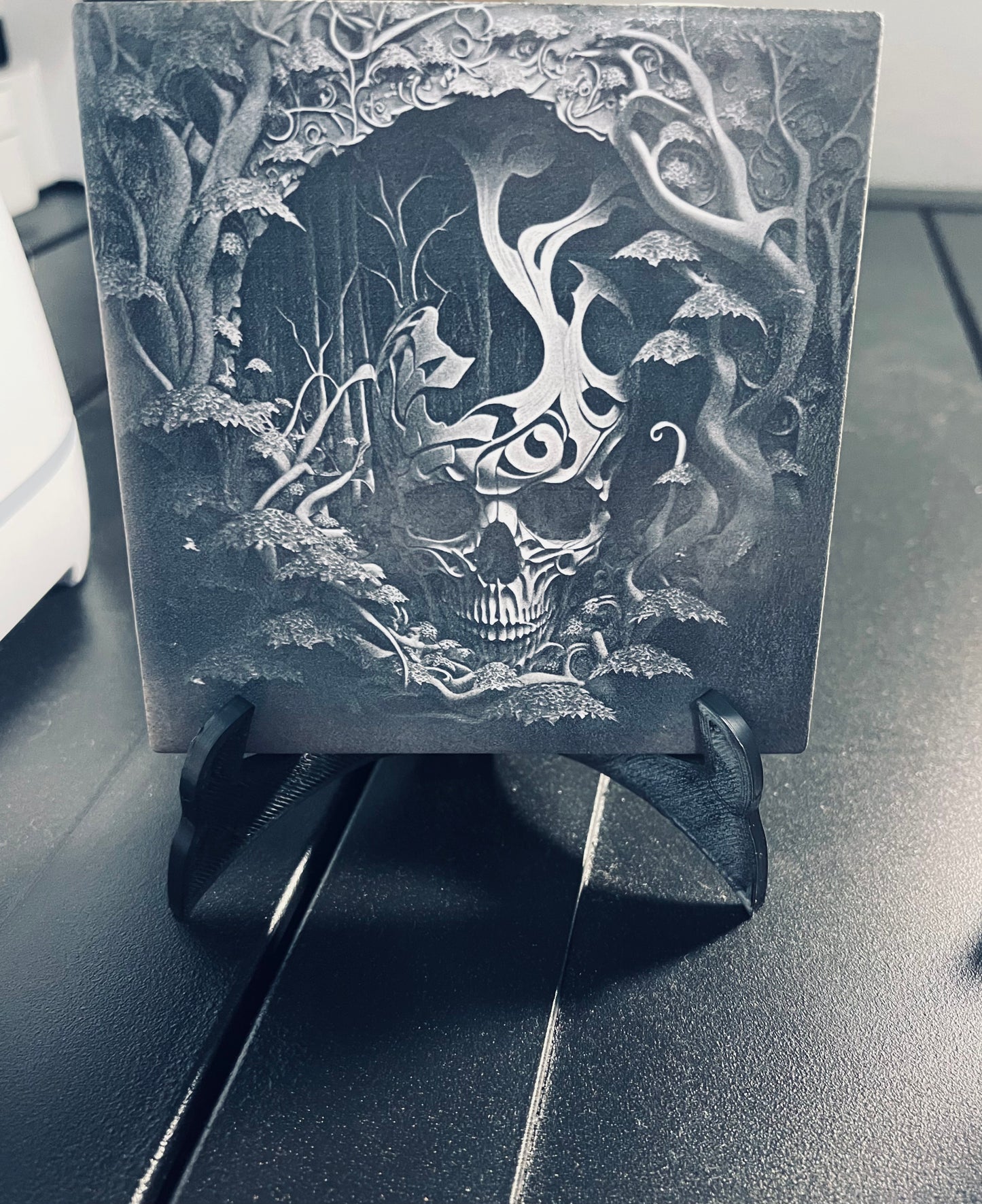 Laser engraved tile skull tile, great gift, desk accessory, home display